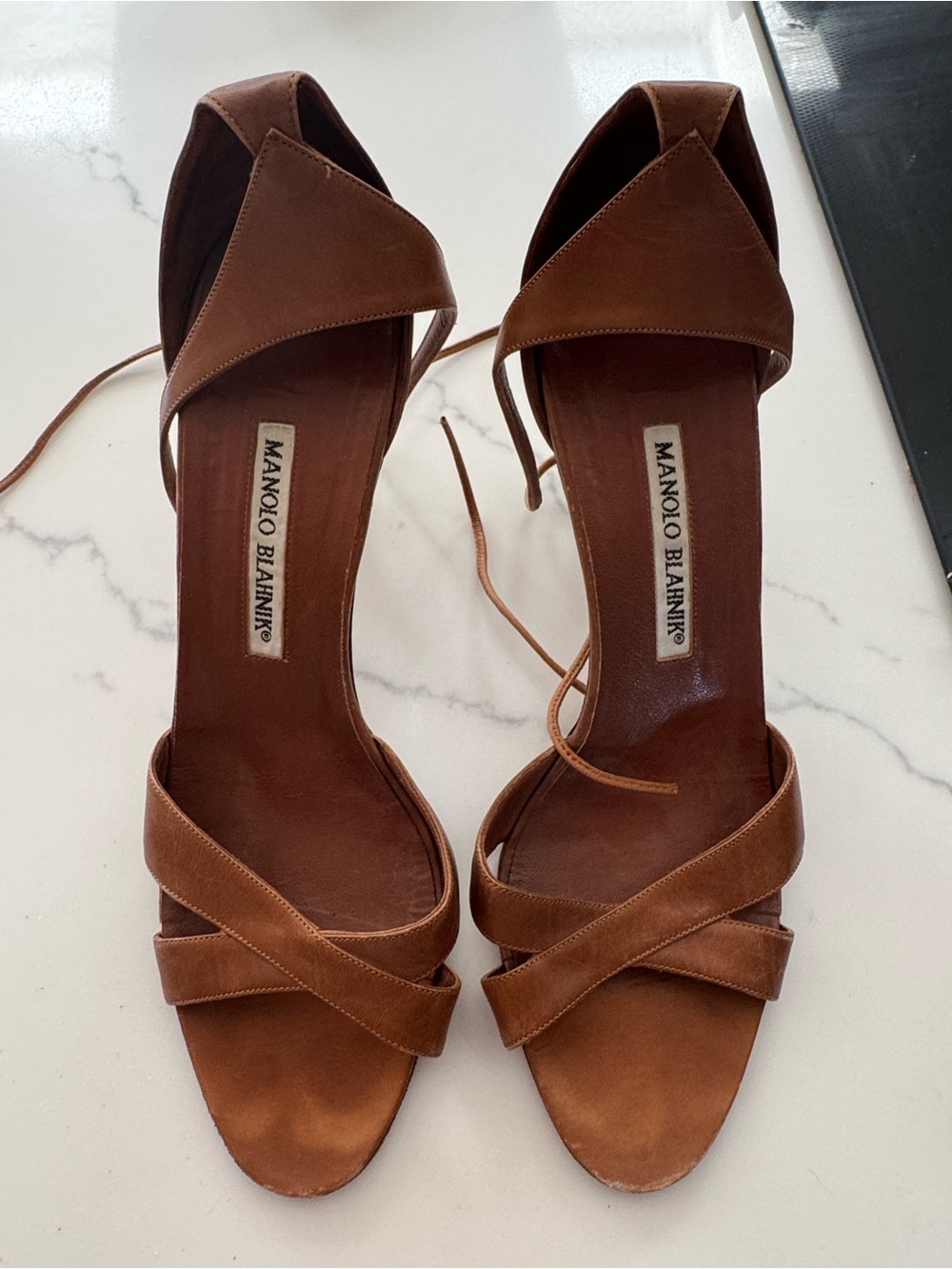 Manolo Blahnik Tan Brown Suede Ankle-Tie Heels